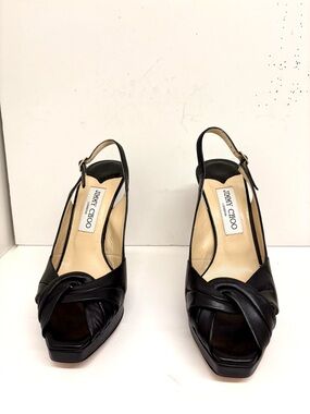 Jimmy Choo Black Peep Toe Platform Leather Sling Back Heels